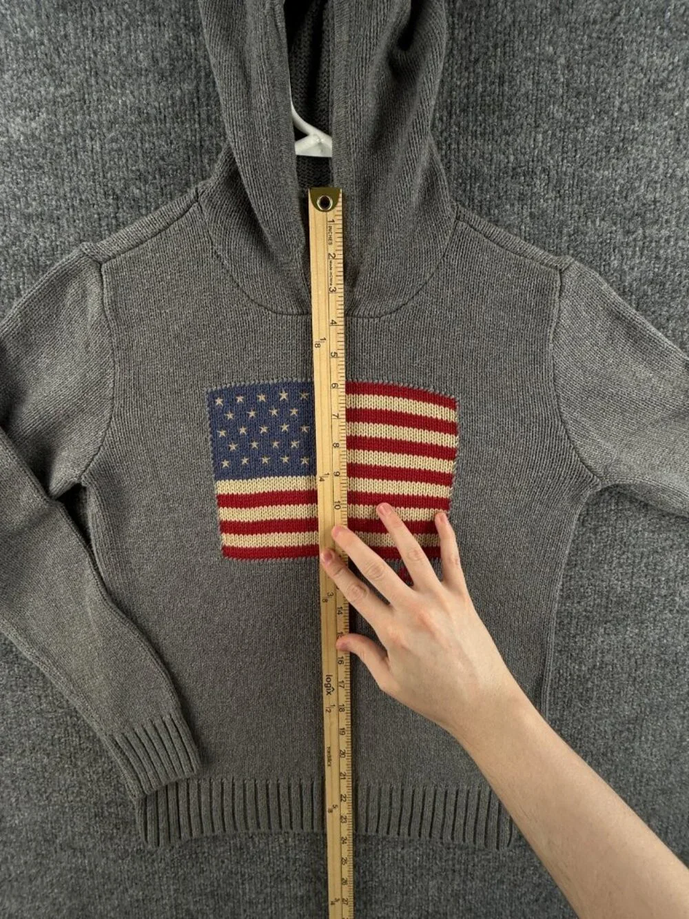 Polo Ralph Lauren USA Flag Hooded Sweater Graphic Large 14-16 Gray Preppy Boys